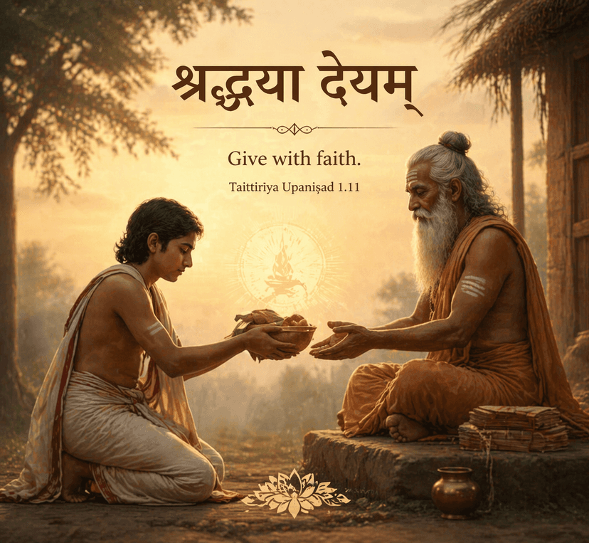 Śraddhayā deyam — Give with faith. A student offering to his Guru.