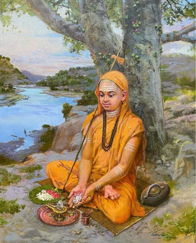 Sri Adi Shankaracharya worshipping the Sphatika Linga — painting