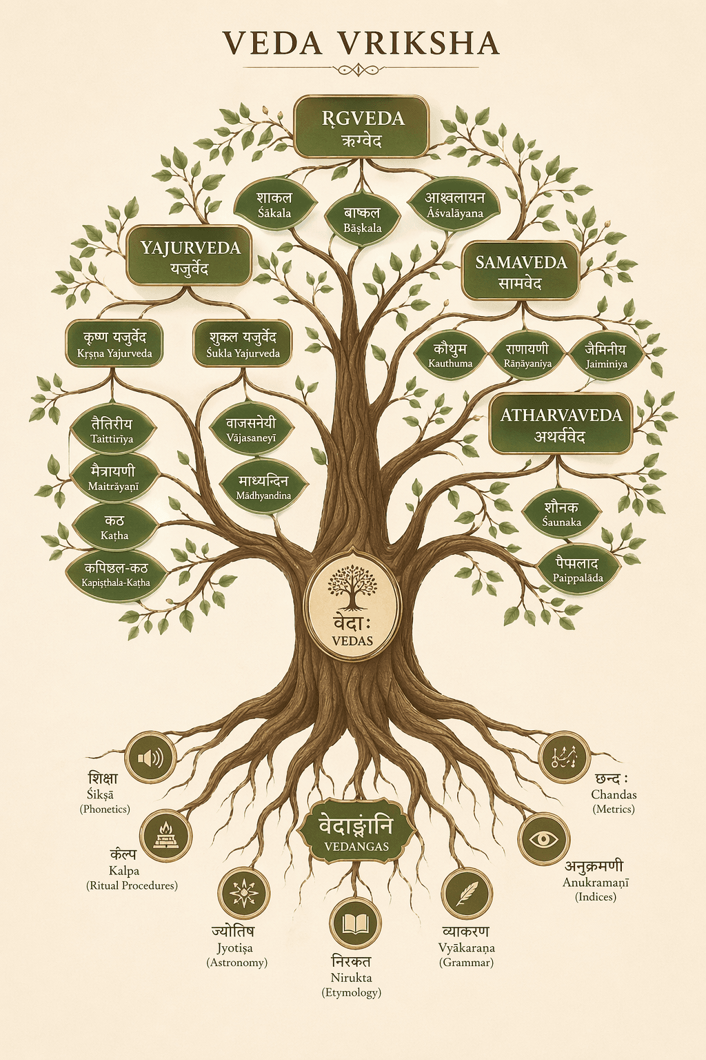 Veda Vriksha — The Tree of Vedic Knowledge showing the four Vedas (Rigveda, Yajurveda, Samaveda, Atharvaveda), their shakhas, and the six Vedangas